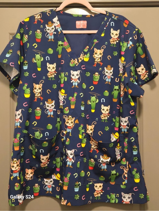 Ava Therese Tops - Navy Western Cat & Cactus Print V-Neck Scrub Top